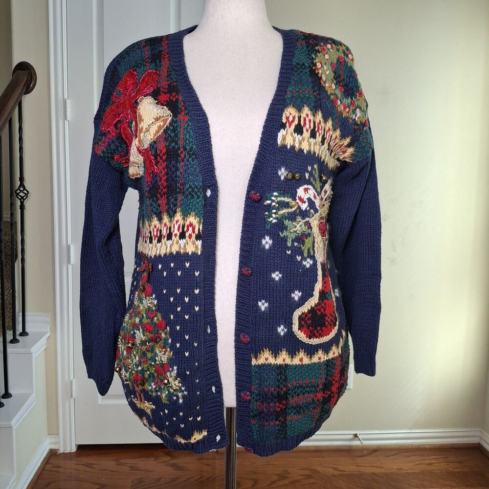 NEW VTG Embroidered Christmas Cardigan 3D Bells Holiday Embellished Ugly Sweater